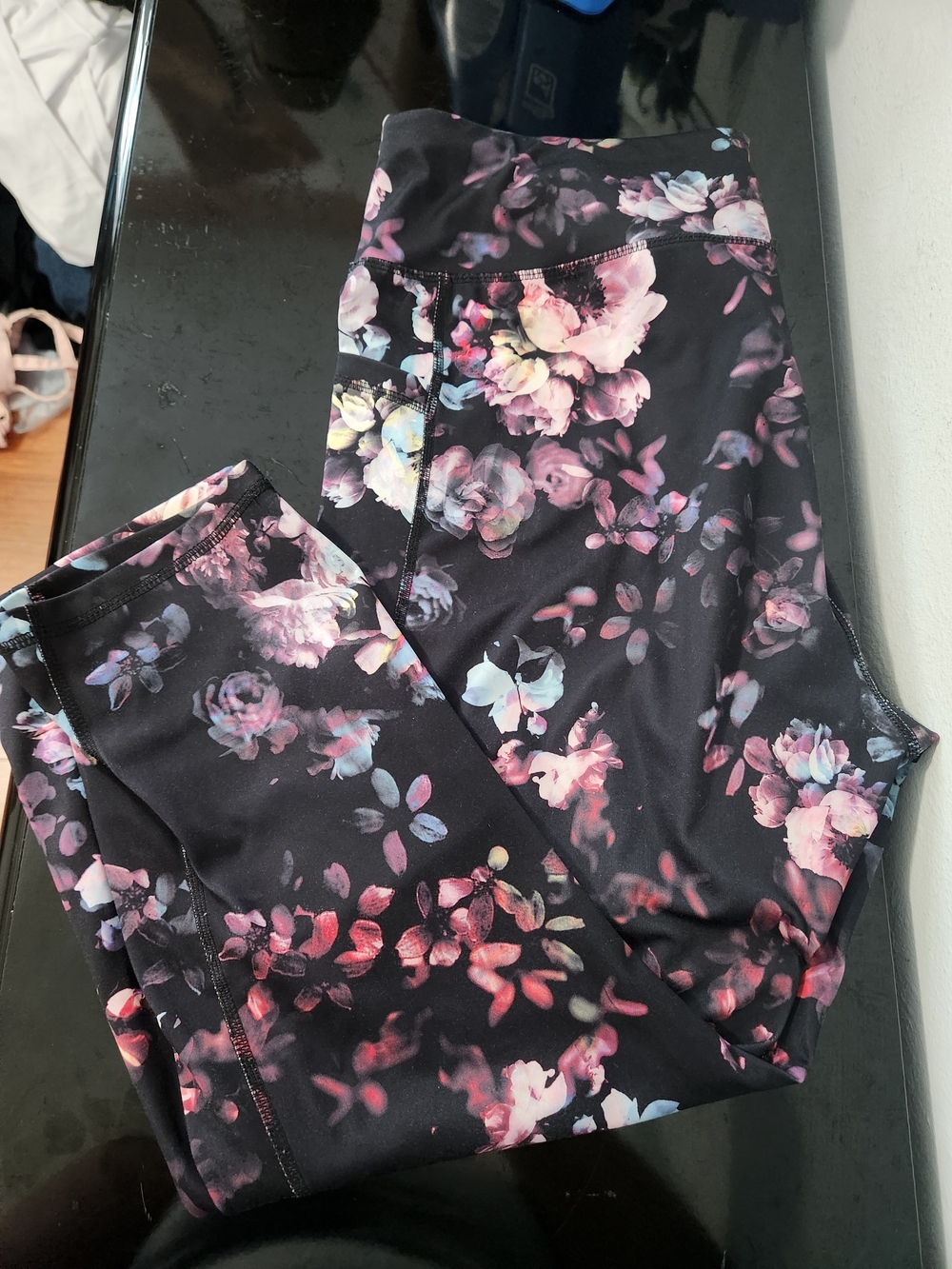 Avia Leggins Active Leggings - Black Base with Multicolor Blooms - Picture 2 of 4